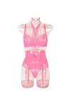 ​​Lingerie Femmes Body Été Transparent Cils Dentelle Splicing Avec Choker Leg Loops Femmes Sous-Vêtements Ensemble-Rose-3054,