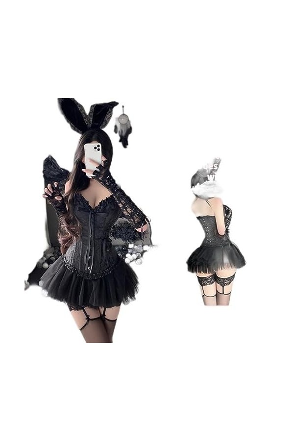 Sexy Bunny Angel Halloween Costume V-Neck Mesh A-Skirt Suit Fée Cosplay Porno Robe De Soirée Poitrine Blazer Gilet Uniforme T