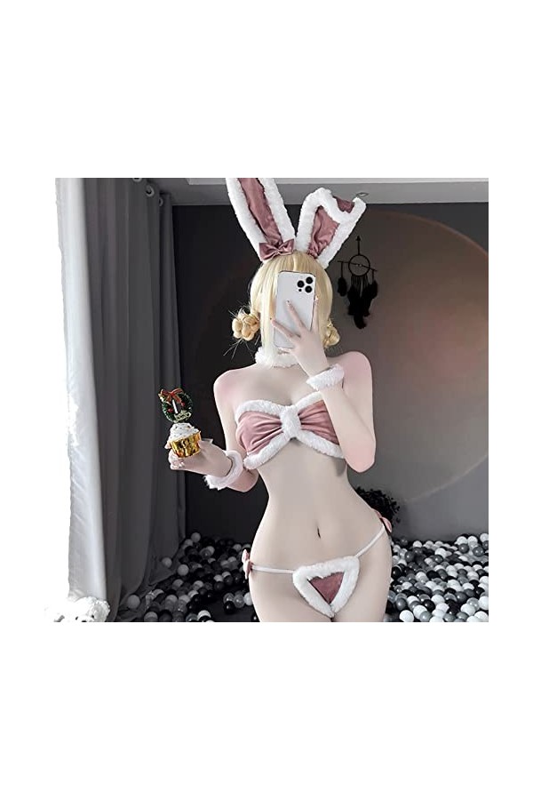 JasmyGirls Sexy Bunny Cosplay Lingerie Coquine Maid Costume Kawaii Anime Micro Bikini Babydoll Tenue Fourrure Velours Soutien