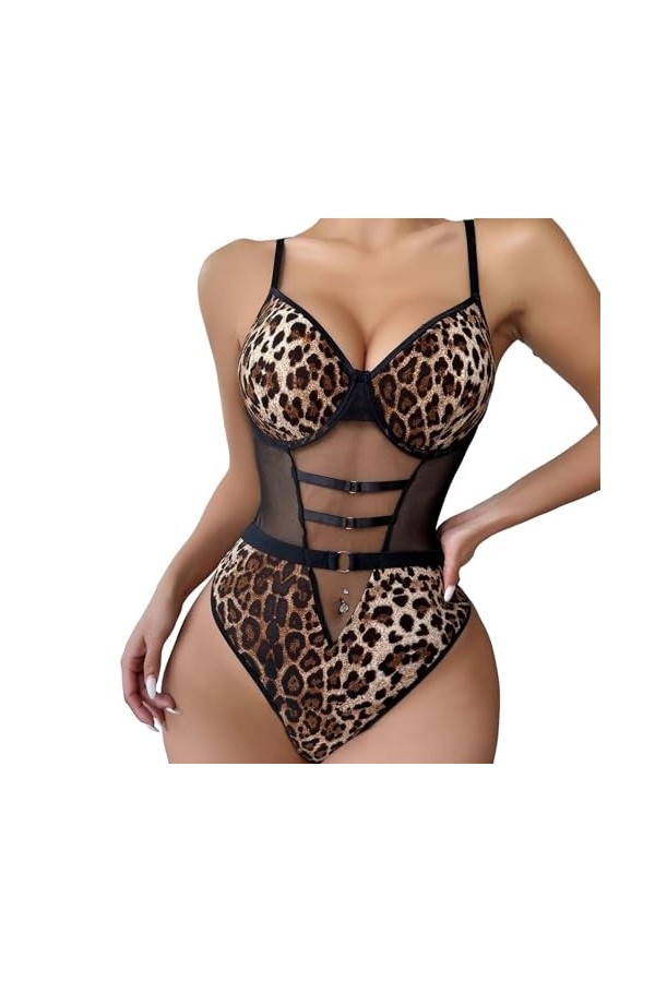 DAGIN Femmes Sexy Teddy Lingerie Femmes imprimé léopard Catsuit Clubwear sans Manches Coupe Haute Se Color : Noir, Size : L 