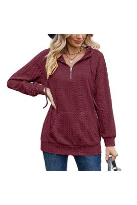 Sweat-shirt à Capuche avec Demi-fermeture éclair pour Femme, Manches Longues, Col en V, Cordon de Serrage, Chemisier décontra