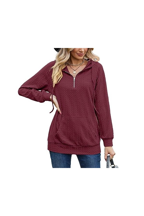 Sweat-shirt à Capuche avec Demi-fermeture éclair pour Femme, Manches Longues, Col en V, Cordon de Serrage, Chemisier décontra
