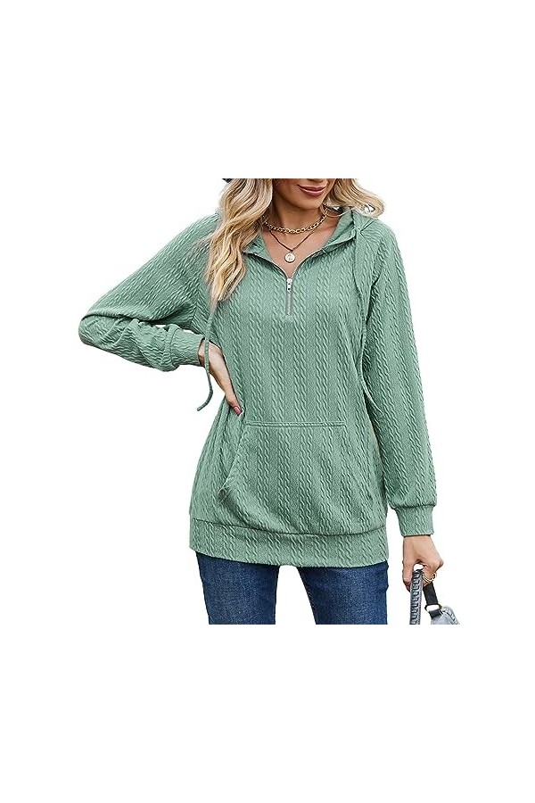 Sweat-shirt à Capuche avec Demi-fermeture éclair pour Femme, Manches Longues, Col en V, Cordon de Serrage, Chemisier décontra