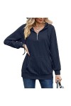 Sweat-shirt à Capuche avec Demi-fermeture éclair pour Femme, Manches Longues, Col en V, Cordon de Serrage, Chemisier décontra