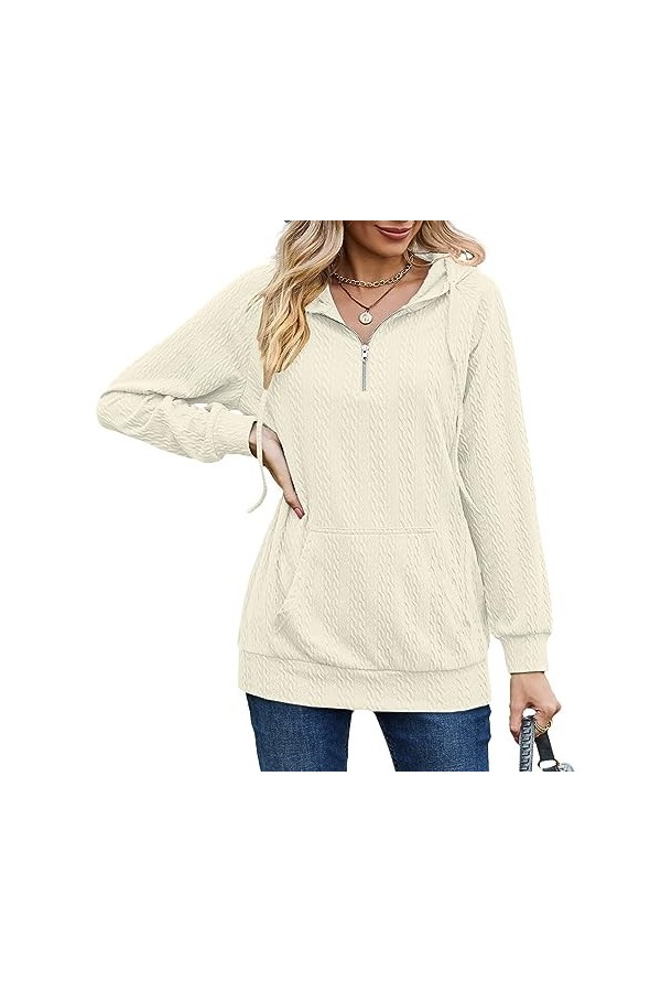 Sweat-shirt à Capuche avec Demi-fermeture éclair pour Femme, Manches Longues, Col en V, Cordon de Serrage, Chemisier décontra