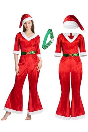 IKALI Costume de Père Noël pour femme - Tenue sexy Miss Père Noël - Combinaison de Noël - Velours avec chapeau et ceinture XL