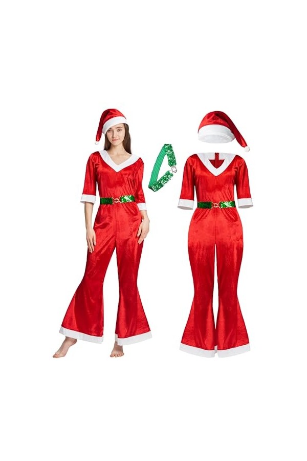 IKALI Costume de Père Noël pour femme - Tenue sexy Miss Père Noël - Combinaison de Noël - Velours avec chapeau et ceinture XL