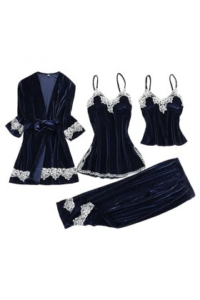 Pyjama sexy en dentelle pour femme, ensemble de pyjama en velours doré, ensemble de pyjama 4 pièces chemises de nuit longues 