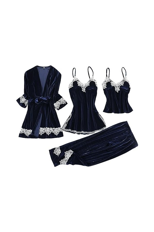Pyjama sexy en dentelle pour femme, ensemble de pyjama en velours doré, ensemble de pyjama 4 pièces chemises de nuit longues 