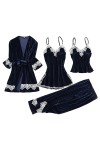 Pyjama sexy en dentelle pour femme, ensemble de pyjama en velours doré, ensemble de pyjama 4 pièces chemises de nuit longues 