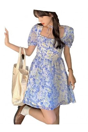 ZYSWCHB Robe dété Mori Girl – Robe élégante Bleue à imprimé Floral pour Femmes, col carré, Manches Bouffantes Amples Color 