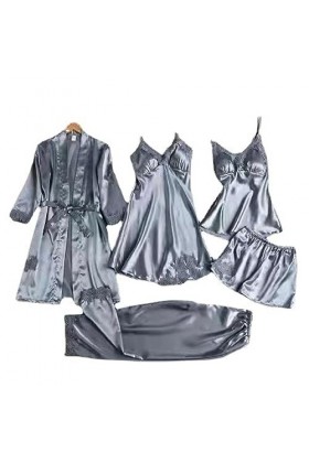 NoëlSexy Bretelle Chemise de Nuit Cinq pièces Lingerie érotique Pyjama, Gris, M