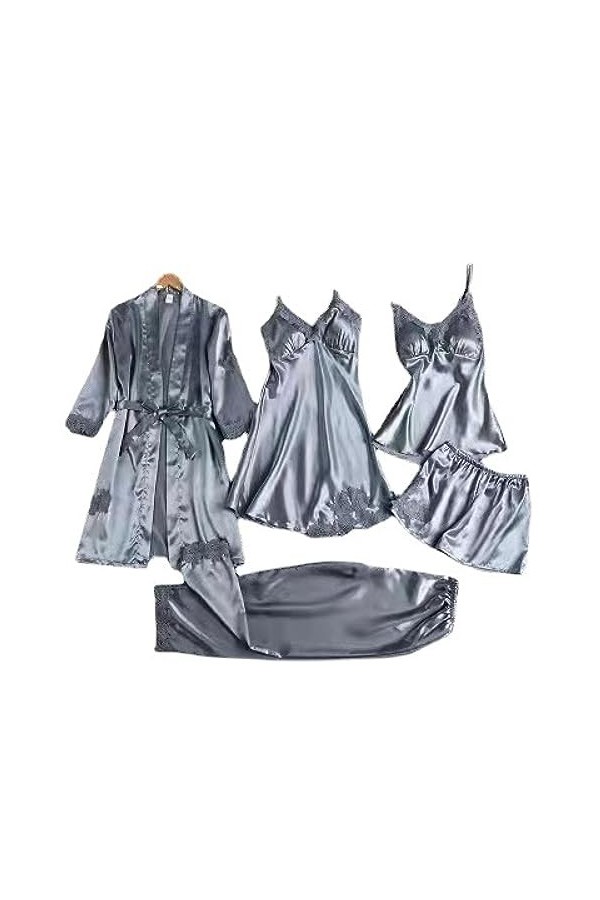 NoëlSexy Bretelle Chemise de Nuit Cinq pièces Lingerie érotique Pyjama, Gris, M