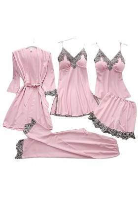 InfirmièrePyjama Sexy Imitation Soie Femme Lingerie érotique Bretelle Loungewear Ensemble Cinq pièces, Rose, 3XL