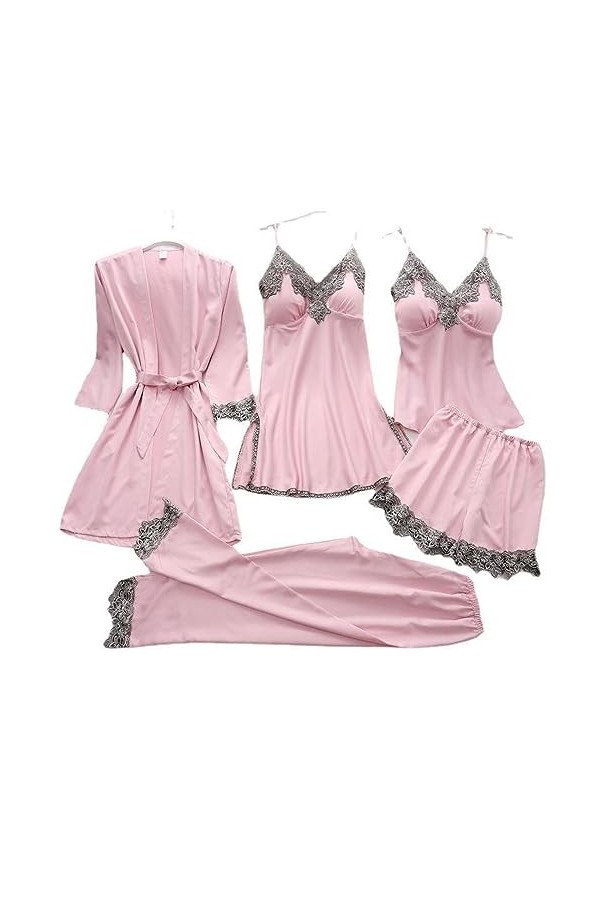 InfirmièrePyjama Sexy Imitation Soie Femme Lingerie érotique Bretelle Loungewear Ensemble Cinq pièces, Rose, 3XL