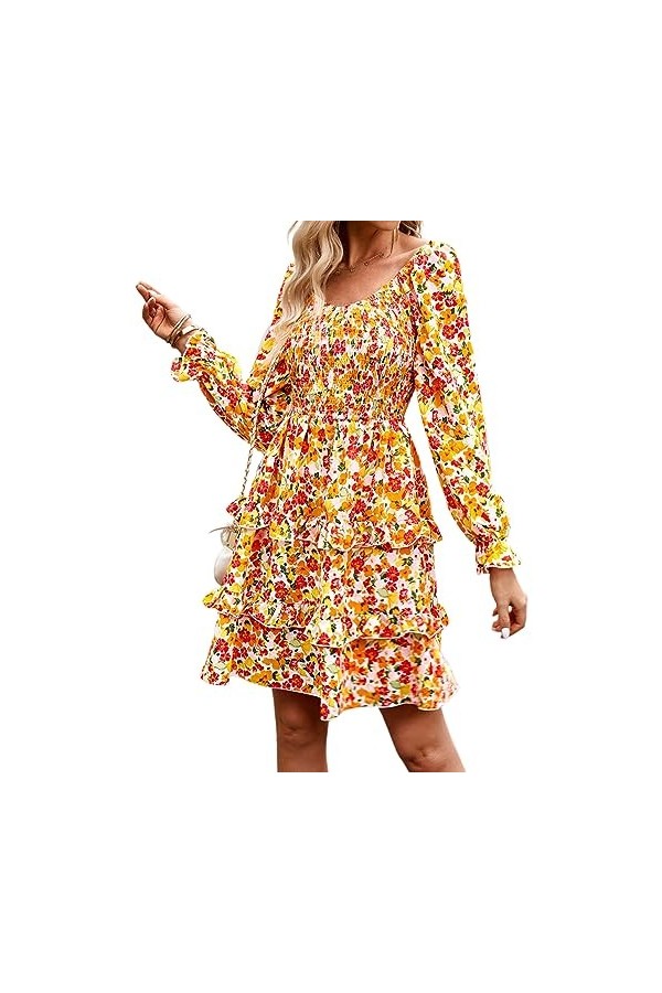 Qoier Robe dété décontractée à imprimé Floral pour Femmes à Manches Longues col en V à Volants Ourlet Robes Streetwear Tenue