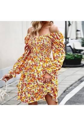 Qoier Robe dété décontractée à imprimé Floral pour Femmes à Manches Longues col en V à Volants Ourlet Robes Streetwear Tenue
