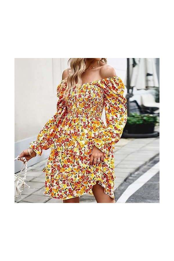 Qoier Robe dété décontractée à imprimé Floral pour Femmes à Manches Longues col en V à Volants Ourlet Robes Streetwear Tenue