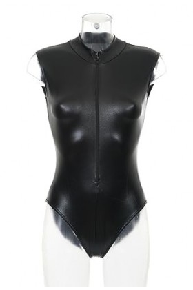 JapanAttitude Body maillot de bain noir faux cuir à fermeture, sexy fetish goth c M