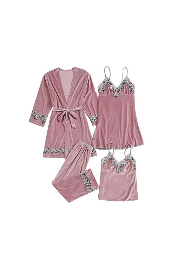 HANXIULIN Pyjama en satin 4 pièces pour femme - Ensemble pyjama dhiver en coton - Sous-vêtements de nuit sexy - Bandoulière 
