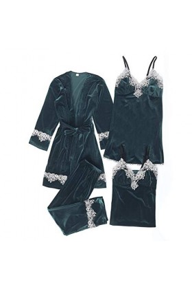 HANXIULIN Pyjama en satin 4 pièces pour femme - Nuisette - Col en V - Vêtement dintérieur - Pyjama sexy - Chemise de nuit en