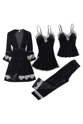 Pyjama sexy en dentelle pour femme, ensemble de pyjama en velours doré, ensemble de pyjama 4 pièces chemises de nuit longues 