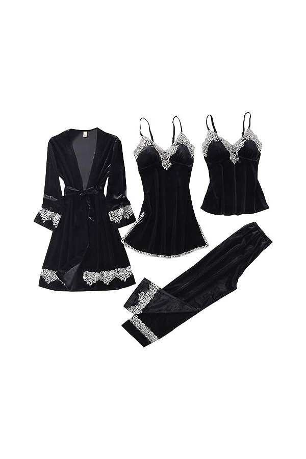 Pyjama sexy en dentelle pour femme, ensemble de pyjama en velours doré, ensemble de pyjama 4 pièces chemises de nuit longues 