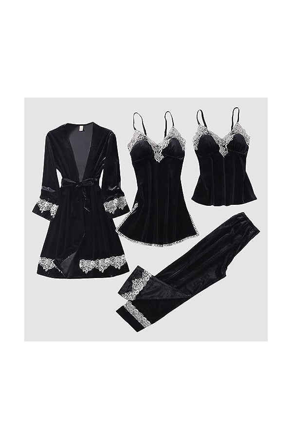 Pyjama sexy en dentelle pour femme, ensemble de pyjama en velours doré, ensemble de pyjama 4 pièces chemises de nuit longues 