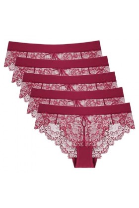 Necalisi Culotte Femme Lot de 5 vin Rouge Femme Slip Classique Dentelle Taille Haute Culotte Élégant Slips Ultra Doux Confort