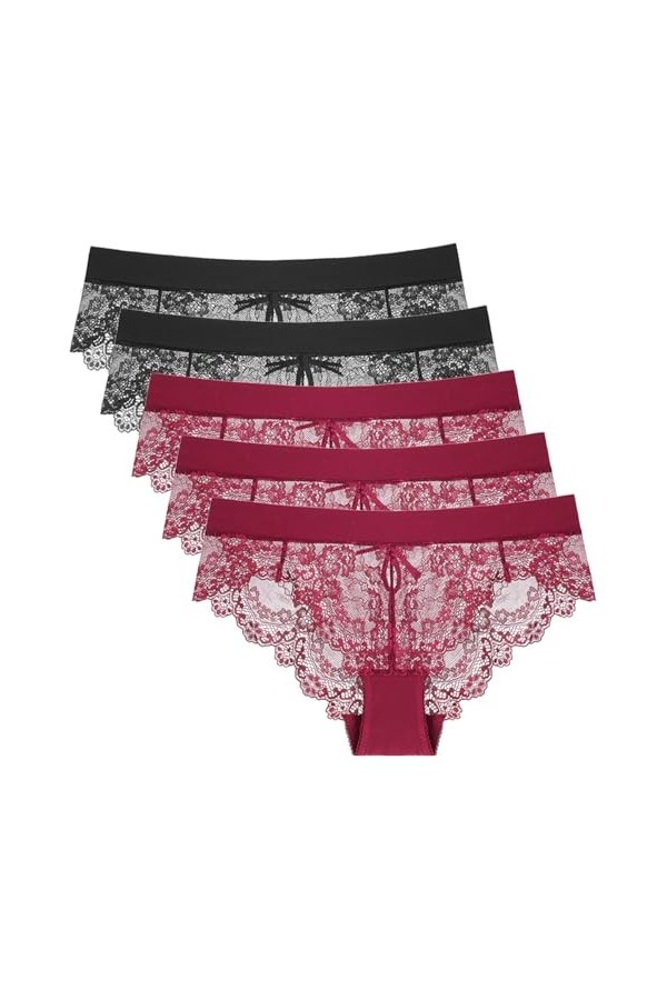 Necalisi Culotte Femme Lot de 5 vin Rouge Femme Slip Classique Dentelle Taille Haute Culotte Élégant Slips Ultra Doux Confort