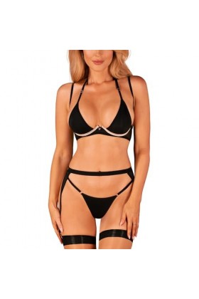 Obsessive Ensemble Sexy Soutien-Gorge+String+Porte-Jarretelles Selinne 3-Pcs Set, Noir,XL-2XL
