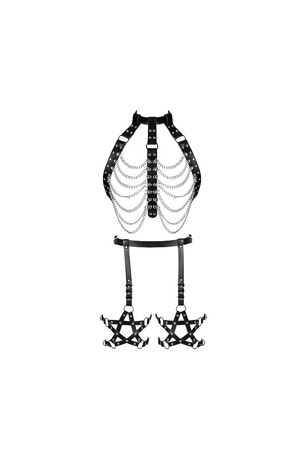 Ceinture porte-jarretelles en cuir pour femme - Taille haute - Avec anneau de jambe pentagramme - Danse, gothique, mode, cost