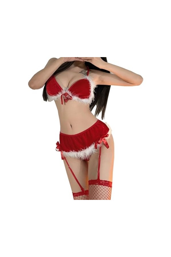 SNOMYRS Robe de Noël en velours rouge sexy pour femme - Mini jupe - Soutien-gorge et culotte - Costume avec jarretière et cei