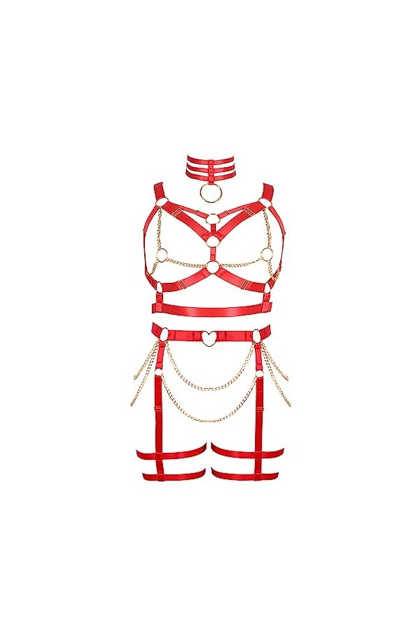 JMMHSS Femmes punk harnais sous - vêtements ensemble ceinture lanière cadre cage type rave soutien - gorge Rose rouge 