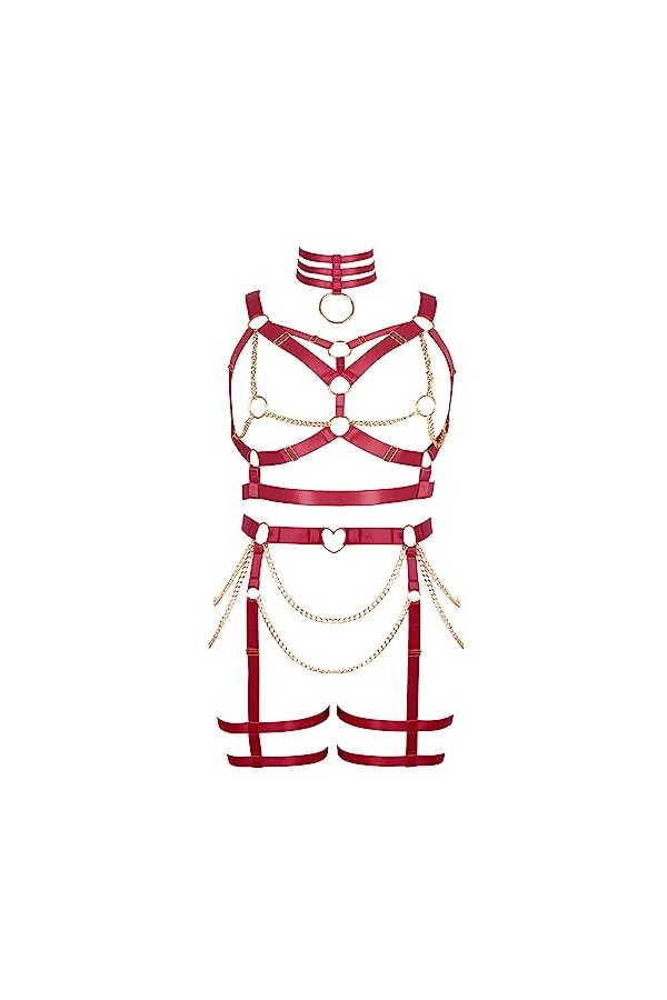 JMMHSS Femmes punk harnais sous - vêtements ensemble ceinture lanière cadre cage type rave soutien - gorge Rose rouge 