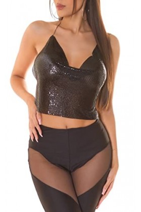 Koucla Chaine à paillettes cascade dos nu crop top dos nu, Noir , taille unique