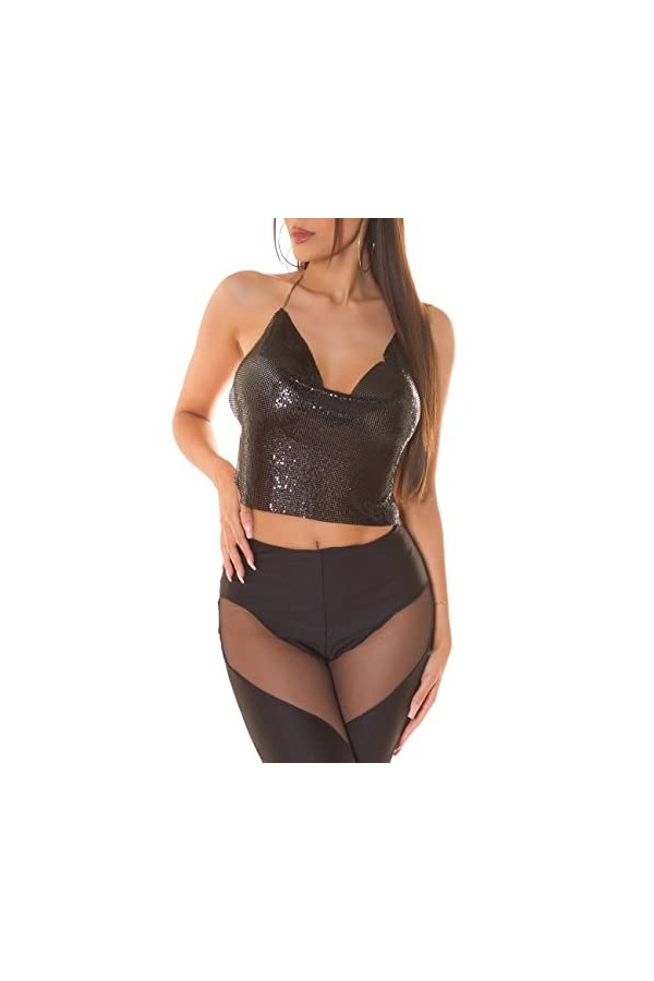 Koucla Chaine à paillettes cascade dos nu crop top dos nu, Noir , taille unique