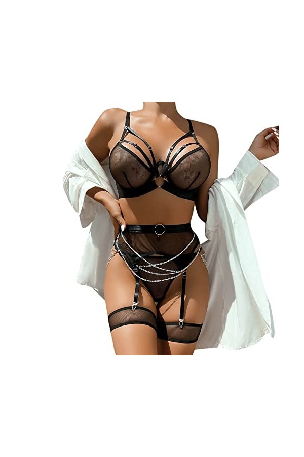 HELLORSOON Ensemble String Soutien Gorge Sexy Mode féminine Pure Color Bandage Mesh Splicing sous-vêtements Sexy avec des Ann