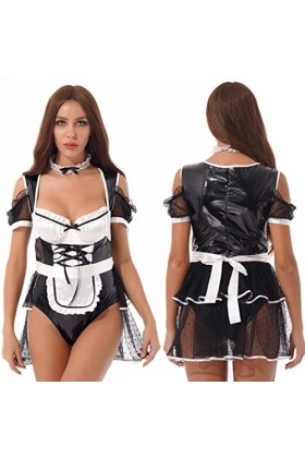 JIANGKE Costume exotique sexy pour femme avec bordure en dentelle à volants et jupe en cuir verni avec tablier et anneau de c
