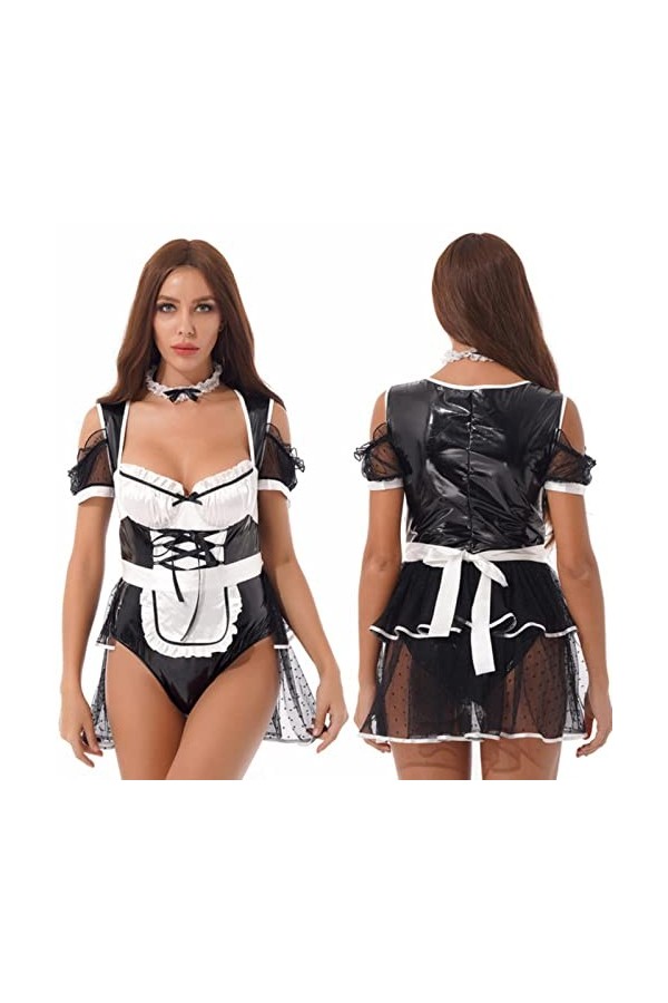 JIANGKE Costume exotique sexy pour femme avec bordure en dentelle à volants et jupe en cuir verni avec tablier et anneau de c