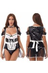 JIANGKE Costume exotique sexy pour femme avec bordure en dentelle à volants et jupe en cuir verni avec tablier et anneau de c