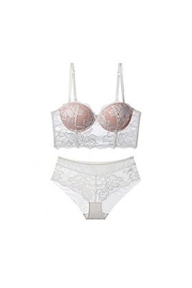COOKOE Ensemble de sous-vêtements sexy en dentelle brodée 2 pièces haut soutien-gorge culotte push up armature 3/4