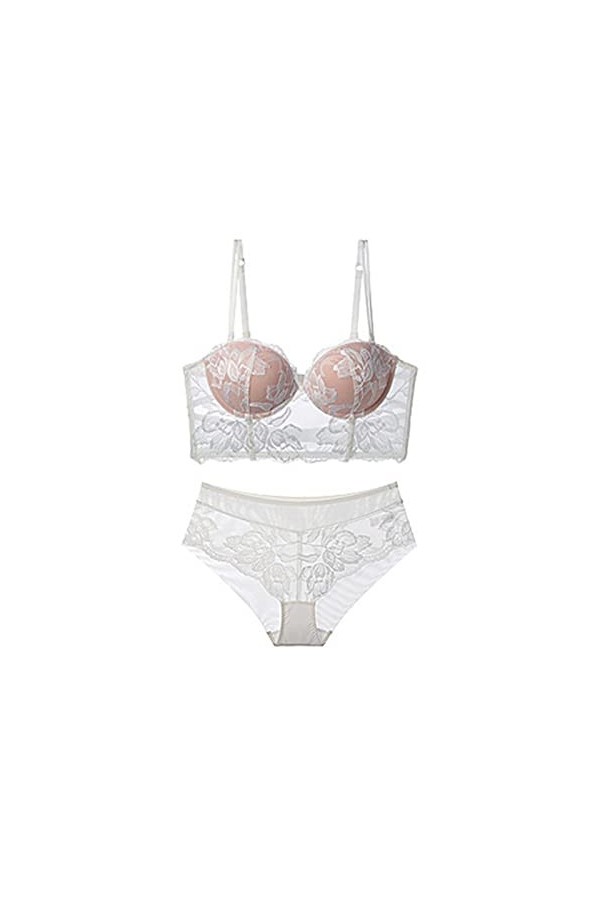 COOKOE Ensemble de sous-vêtements sexy en dentelle brodée 2 pièces haut soutien-gorge culotte push up armature 3/4