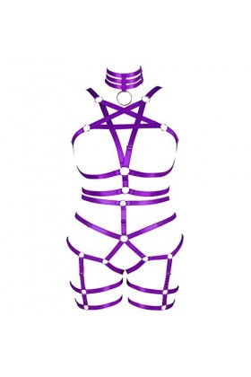 JMMHSS Femmes Grande Taille Corps Harnais Pentagramme Soutien-Gorge Ensemble Pas de Coupe Creux jarretière Punk Gothique Carn