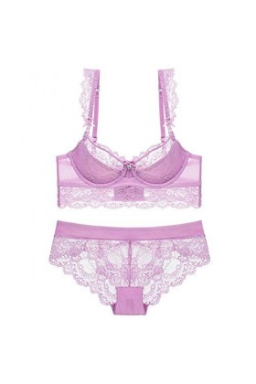 YLISHI Ensemble soutien-gorge en dentelle ultra fine et culotte grande taille - violet - 110C