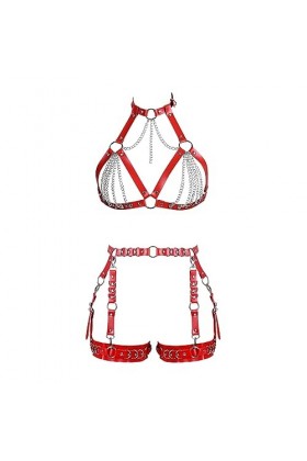 Femmes Body Strap Cuir Punk Bra Mode Creux sans Tasse Corps Cage Garter Set Gothique Halloween Rave Costume 1 Rouge 