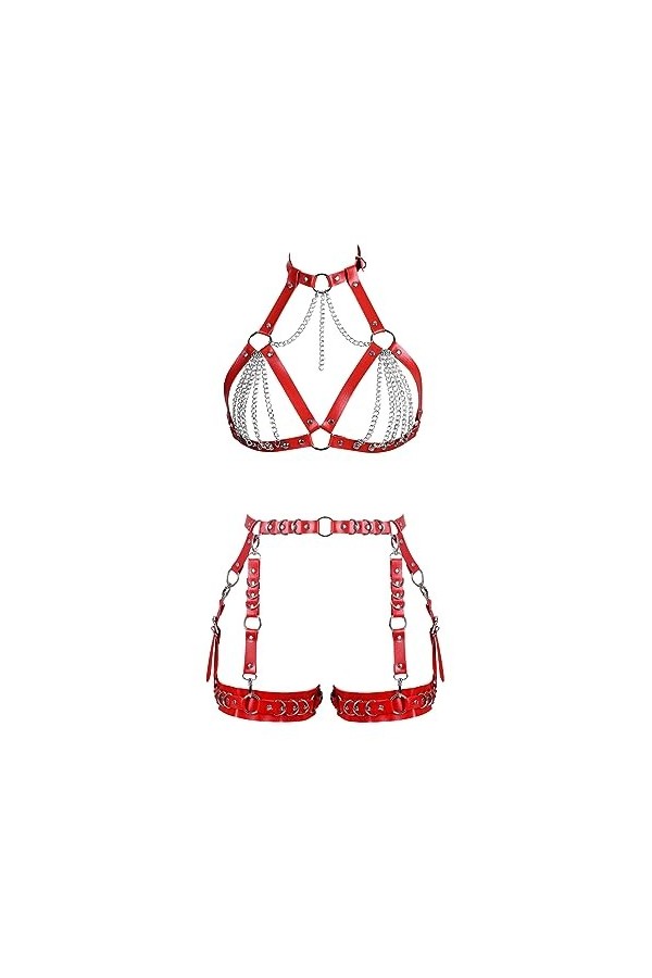 Femmes Body Strap Cuir Punk Bra Mode Creux sans Tasse Corps Cage Garter Set Gothique Halloween Rave Costume 1 Rouge 