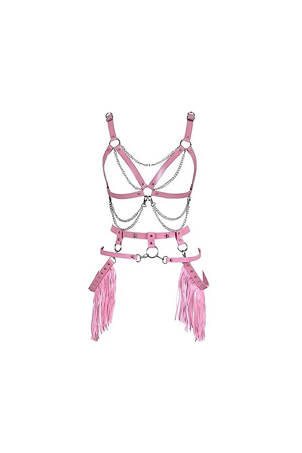 Femmes Body Strap Punk Leather Bra Set Complet Creux Garter Ceinture Gothique Party Rave Halloween Dance Costume Orange 