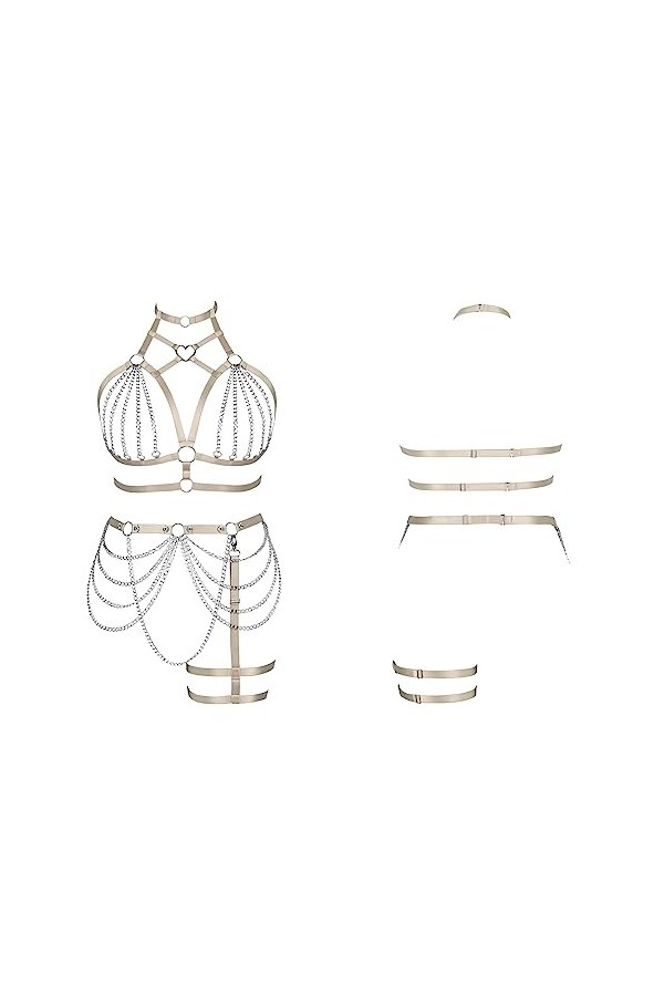 Femmes Body Strap Punk Bra Grande Taille évidée Mode Body Cage Garter Set Gothique Halloween Carnaval Danse Jaune Clair 