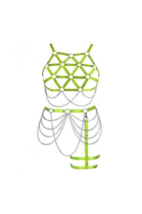 Femmes Body Strap Punk Bra Plus Size Mode Hollow Body Cage Garter Set Gothique Halloween Carnaval Dance Costume Vert Fluores